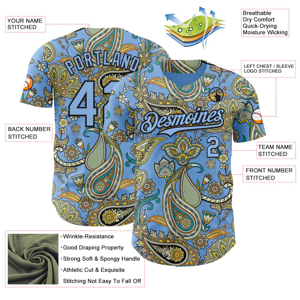 Custom Light Blue Black Rave Party Ethnic Paisley Bandana Authentic Baseball Jersey view 3