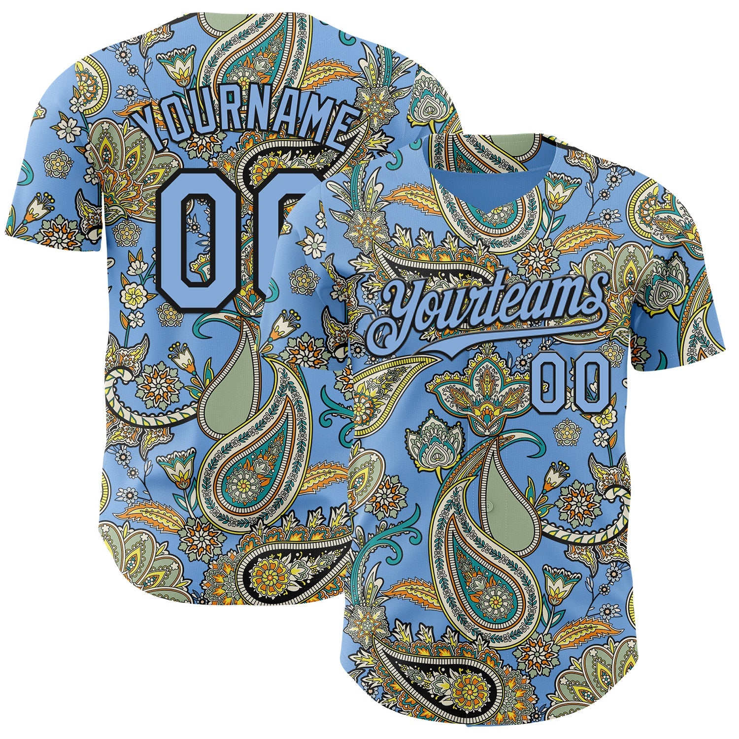 Custom Light Blue Black Rave Party Ethnic Paisley Bandana Authentic Baseball Jersey - Main View