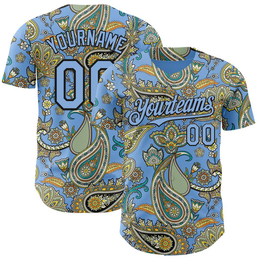 Custom Light Blue Black Rave Party Ethnic Paisley Bandana Authentic Baseball Jersey - Main View