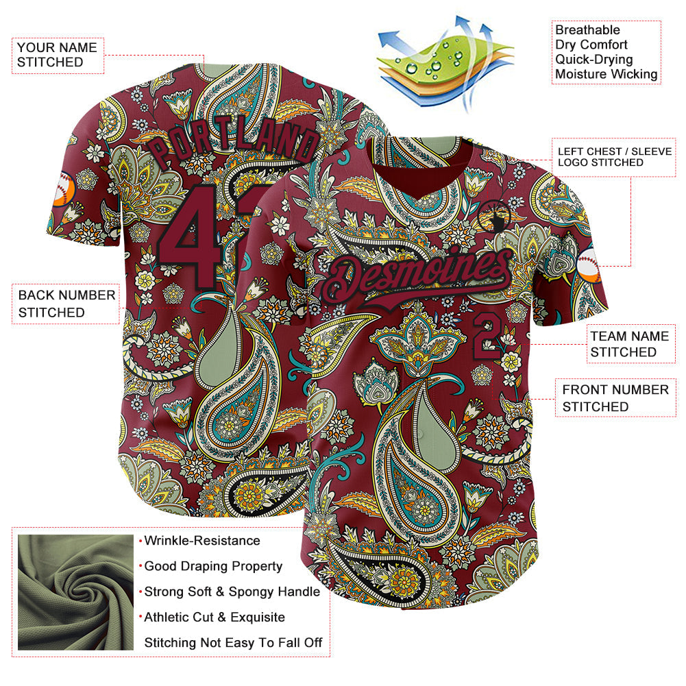 Custom Crimson Black Rave Party Ethnic Paisley Bandana Authentic Baseball Jersey view 3