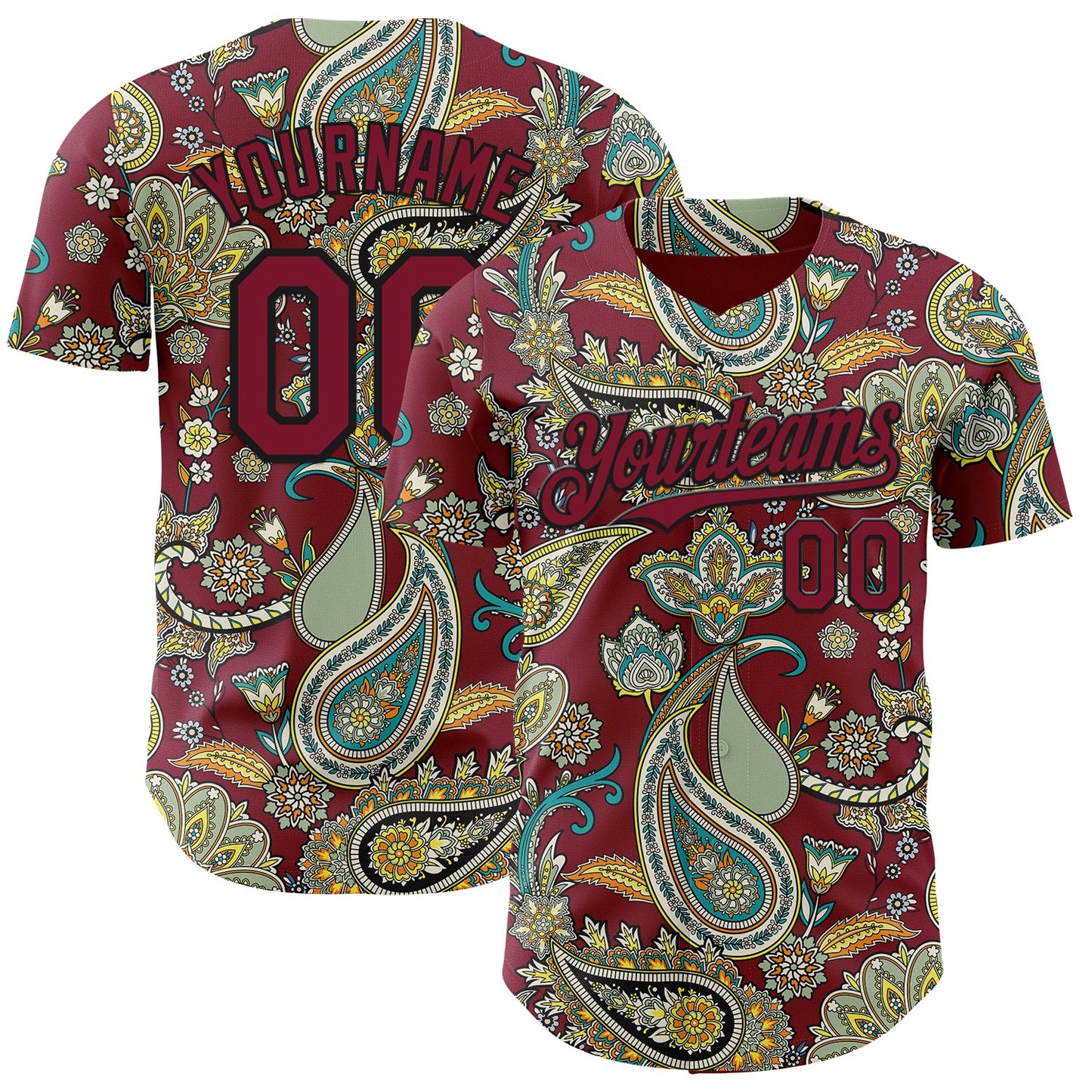 Custom Crimson Black Rave Party Ethnic Paisley Bandana Authentic Baseball Jersey - Main View
