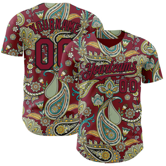 Custom Crimson Black Rave Party Ethnic Paisley Bandana Authentic Baseball Jersey - Main View
