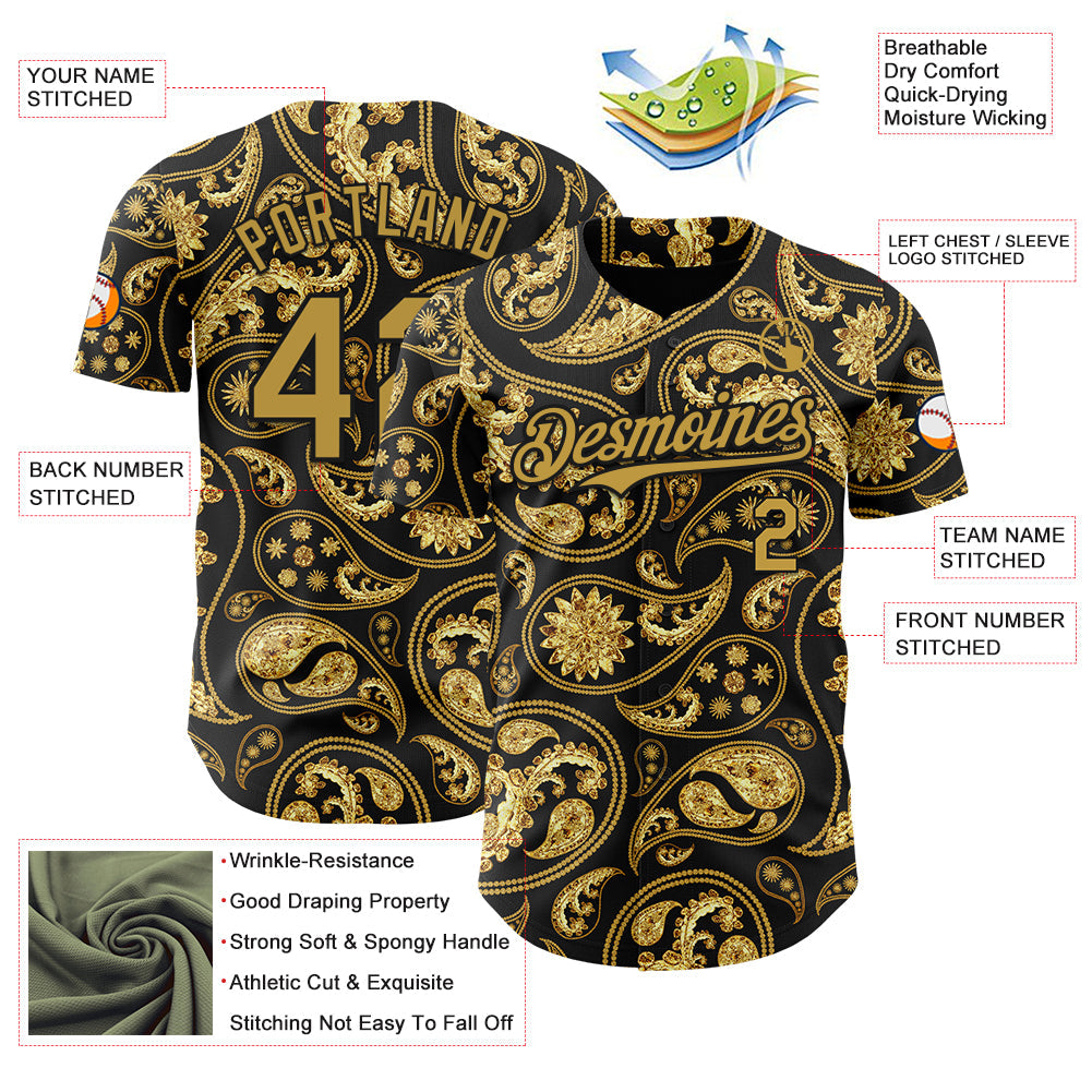 Custom Black Old Gold Rave Party Ethnic Paisley Bandana Authentic Baseball Jersey view 3