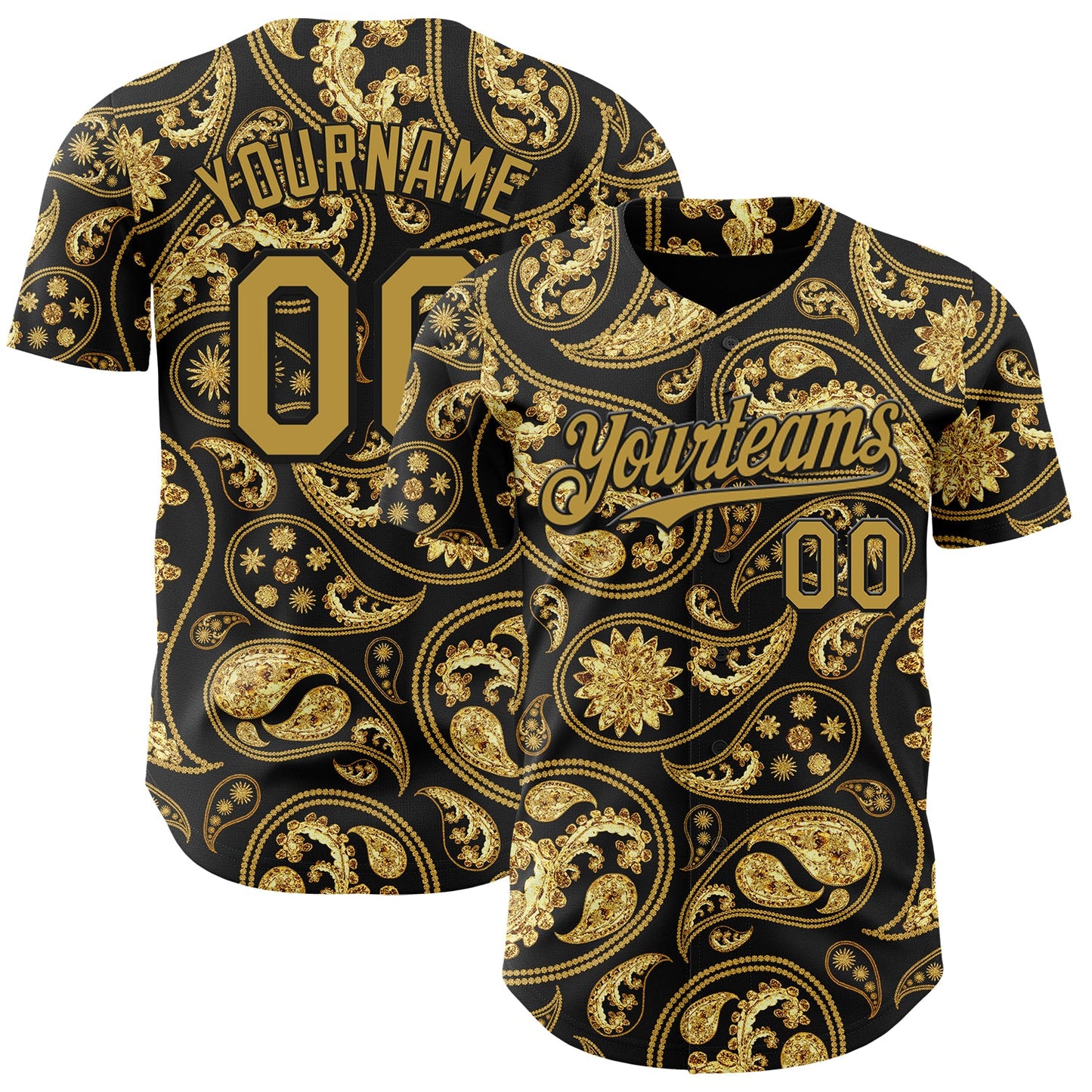Custom Black Old Gold Rave Party Ethnic Paisley Bandana Authentic Baseball Jersey - Main View