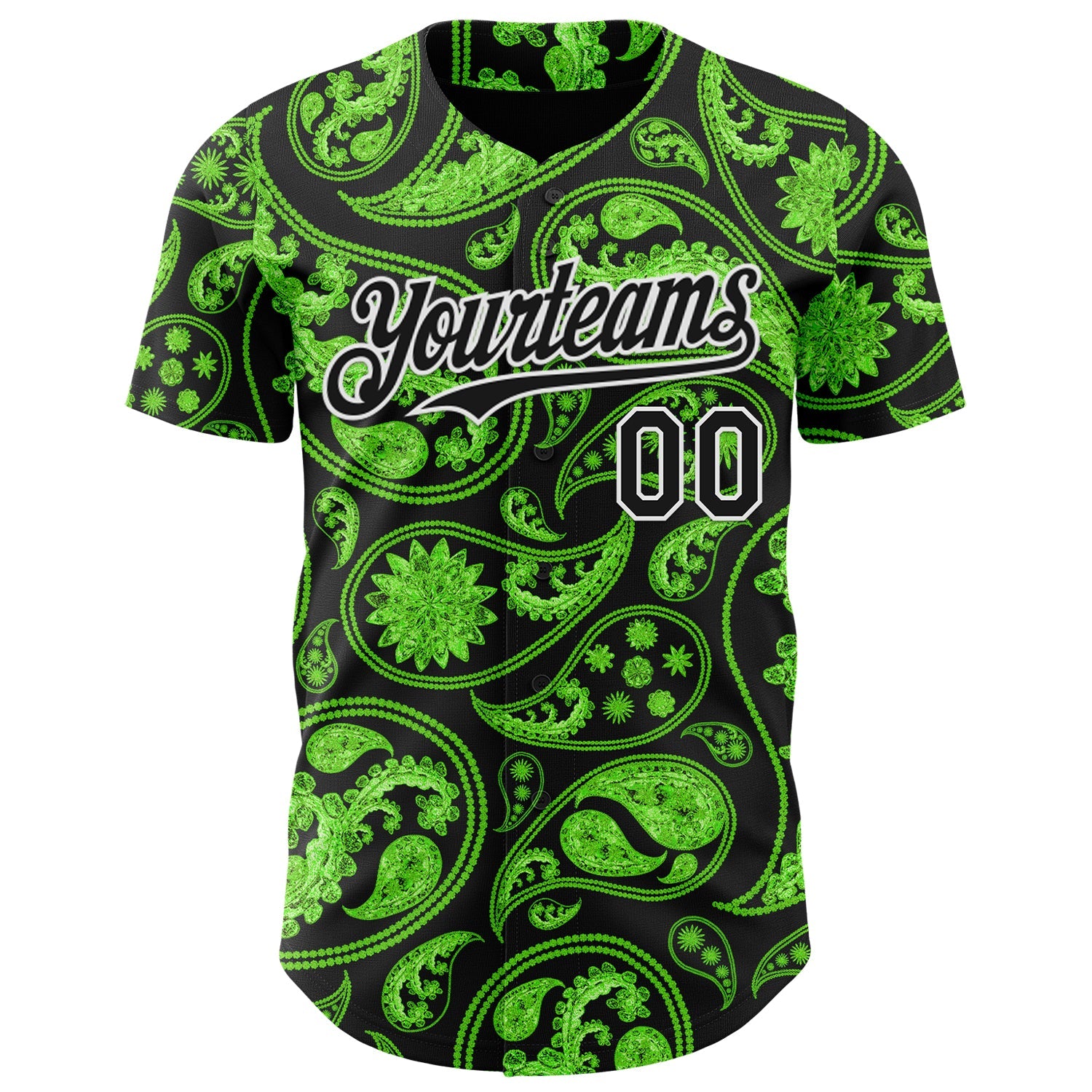 Custom Black Green-White Rave Party Ethnic Paisley Bandana Authentic Baseball Jersey view 2