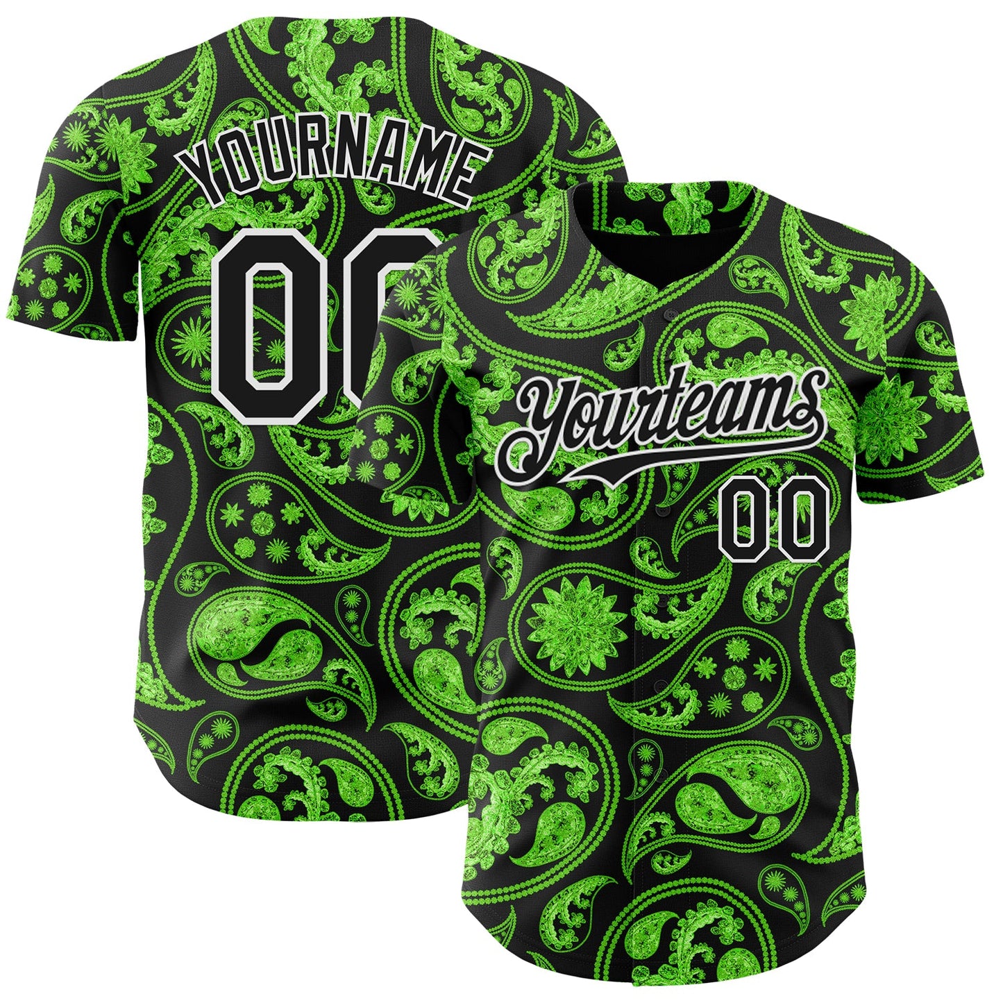 Custom Black Green-White Rave Party Ethnic Paisley Bandana Authentic Baseball Jersey - Main View