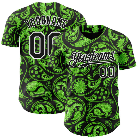 Custom Black Green-White Rave Party Ethnic Paisley Bandana Authentic Baseball Jersey - Main View