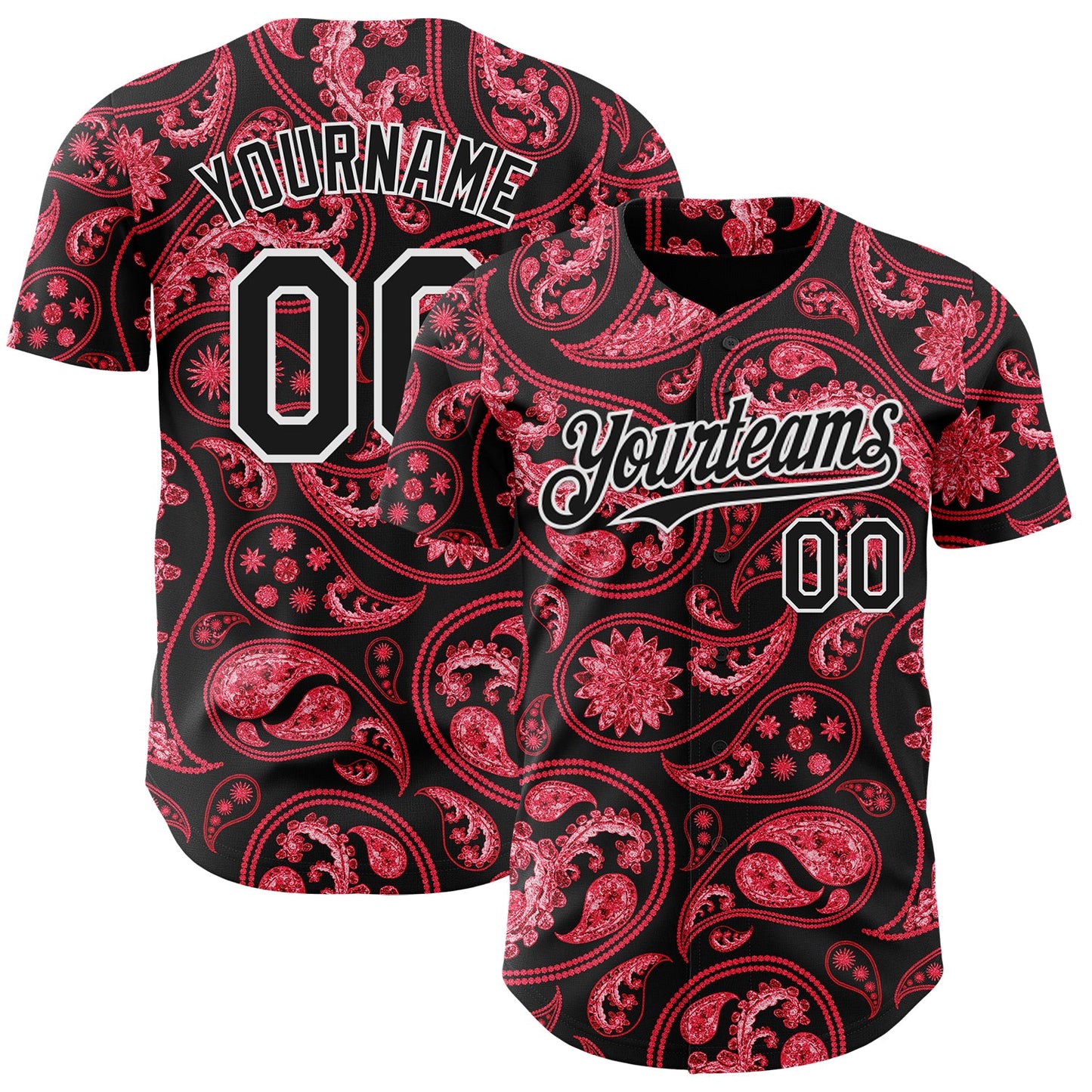 Custom Black Red-White Rave Party Ethnic Paisley Bandana Authentic Baseball Jersey - Main View