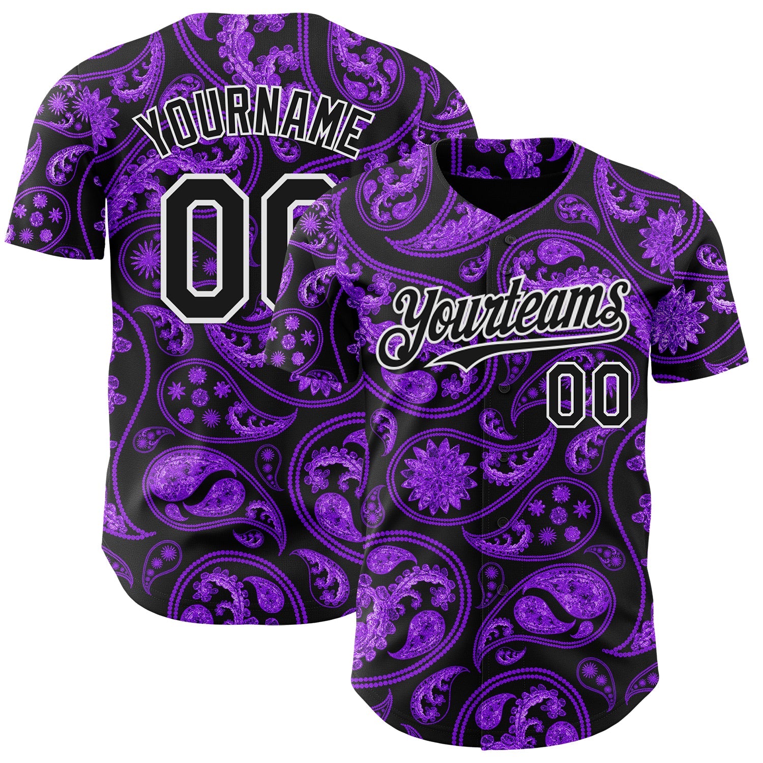 Custom Black Purple-White Rave Party Ethnic Paisley Bandana Authentic Baseball Jersey - Main View