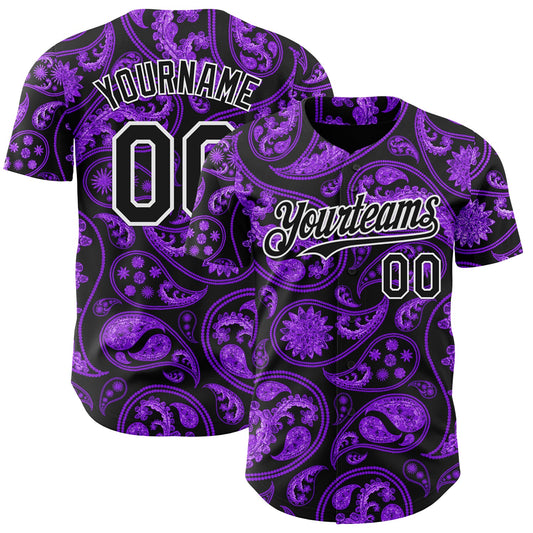 Custom Black Purple-White Rave Party Ethnic Paisley Bandana Authentic Baseball Jersey - Main View