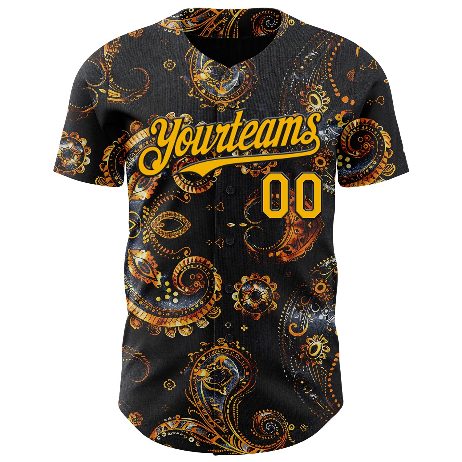 Custom Black Yellow Rave Party Ethnic Paisley Bandana Authentic Baseball Jersey view 2