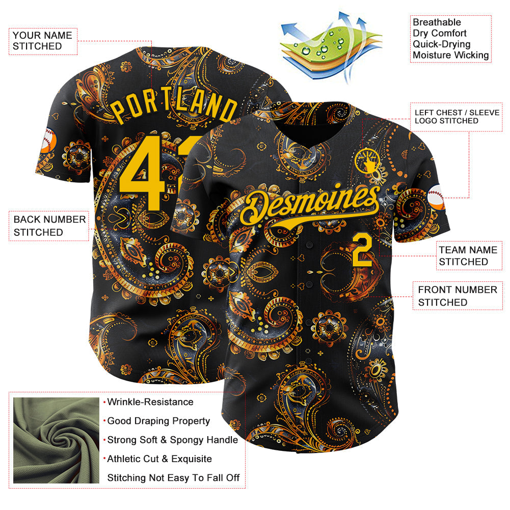Custom Black Yellow Rave Party Ethnic Paisley Bandana Authentic Baseball Jersey view 3