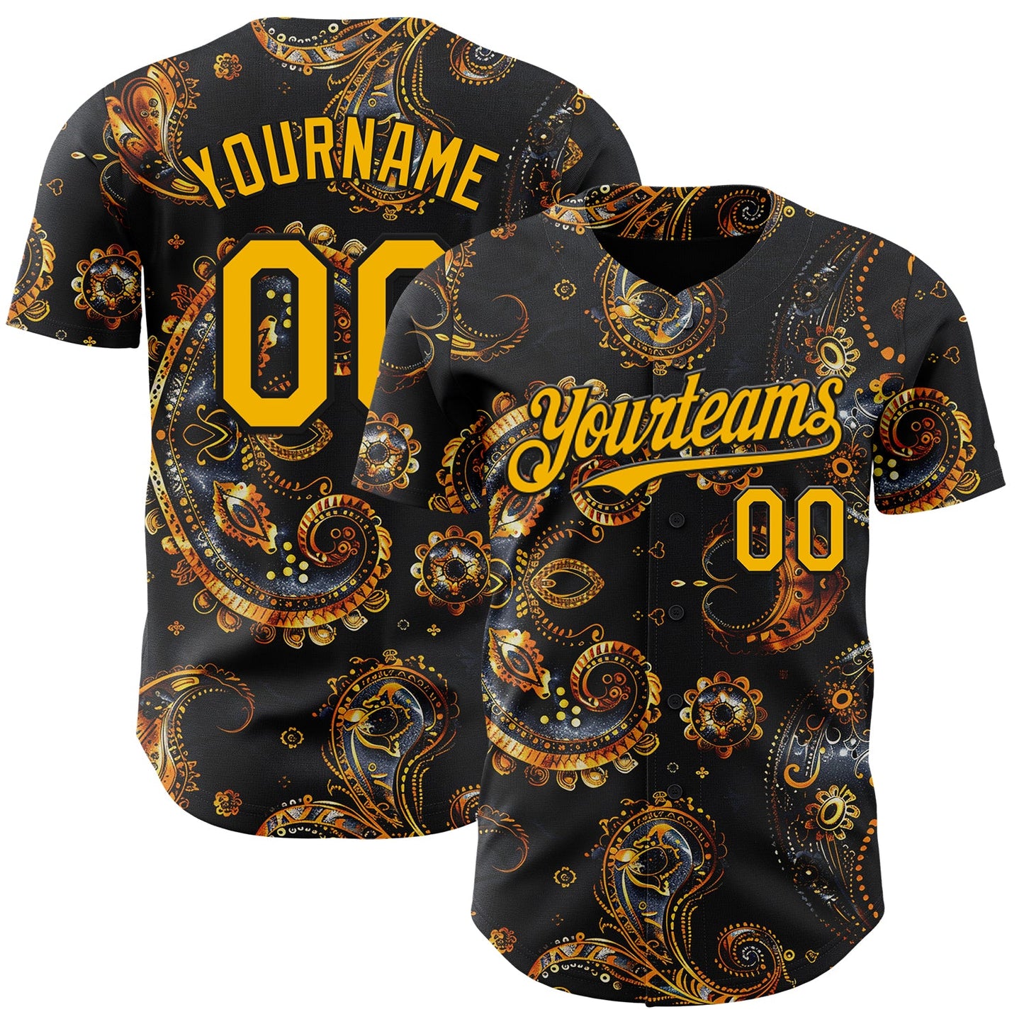 Custom Black Yellow Rave Party Ethnic Paisley Bandana Authentic Baseball Jersey - Main View