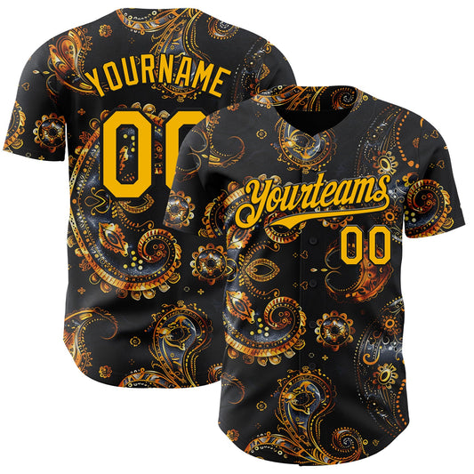 Custom Black Yellow Rave Party Ethnic Paisley Bandana Authentic Baseball Jersey - Main View