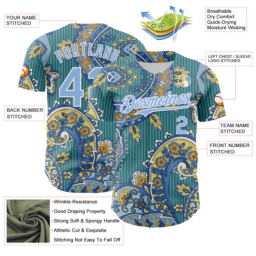 Custom Teal Light Blue-White Rave Party Ethnic Paisley Bandana Authentic Baseball Jersey view 3