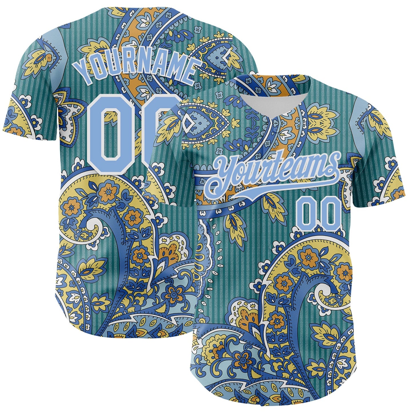 Custom Teal Light Blue-White Rave Party Ethnic Paisley Bandana Authentic Baseball Jersey - Main View