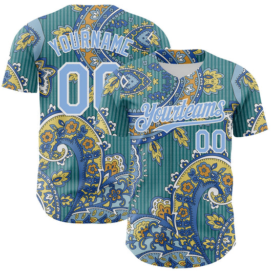 Custom Teal Light Blue-White Rave Party Ethnic Paisley Bandana Authentic Baseball Jersey - Main View