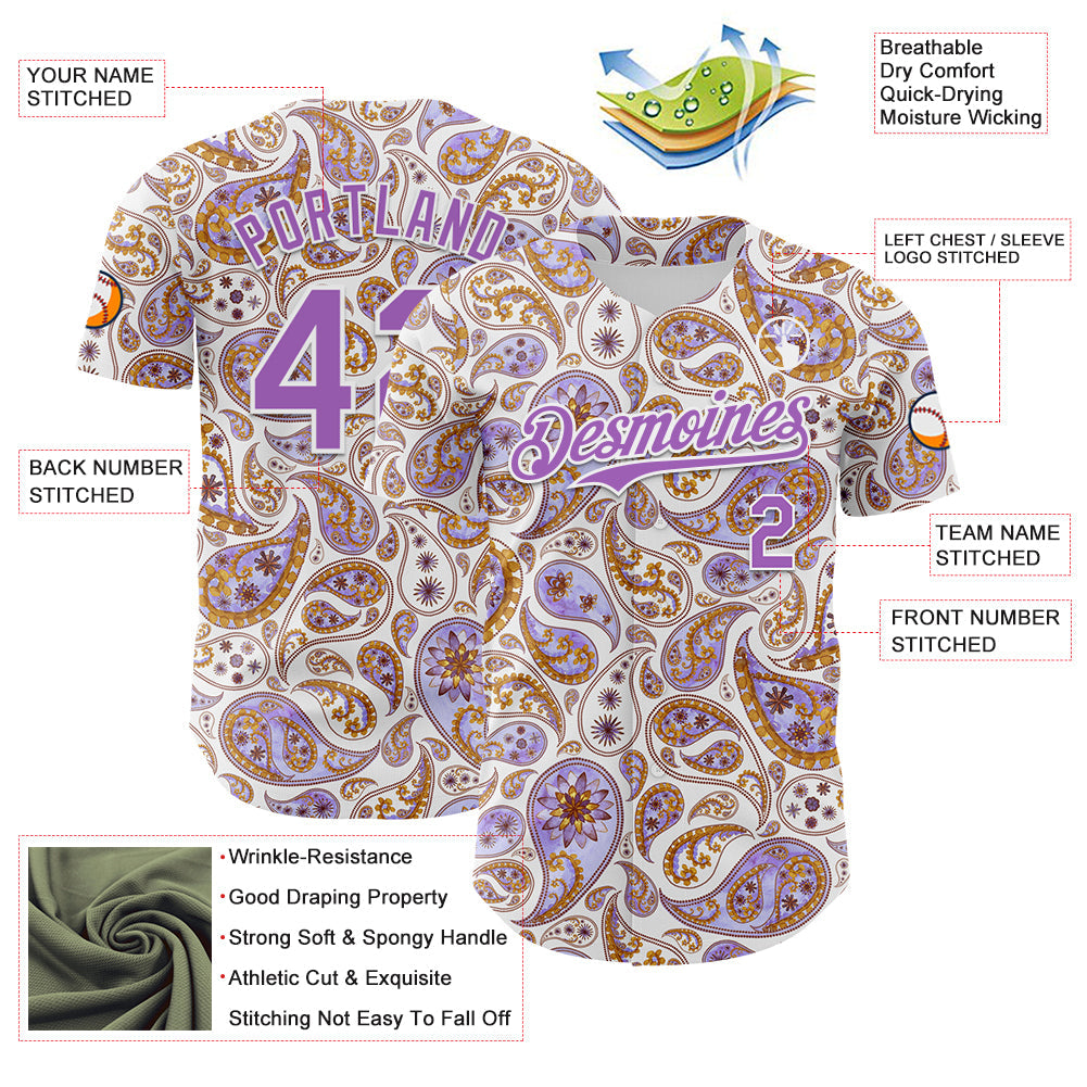 Custom White Medium Purple Rave Party Ethnic Paisley Bandana Authentic Baseball Jersey view 3