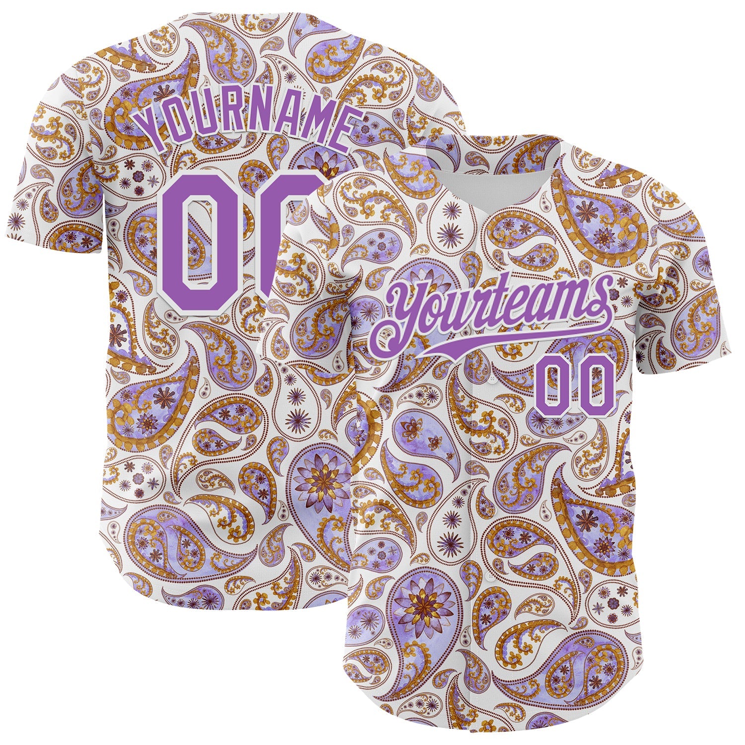 Custom White Medium Purple Rave Party Ethnic Paisley Bandana Authentic Baseball Jersey - Main View