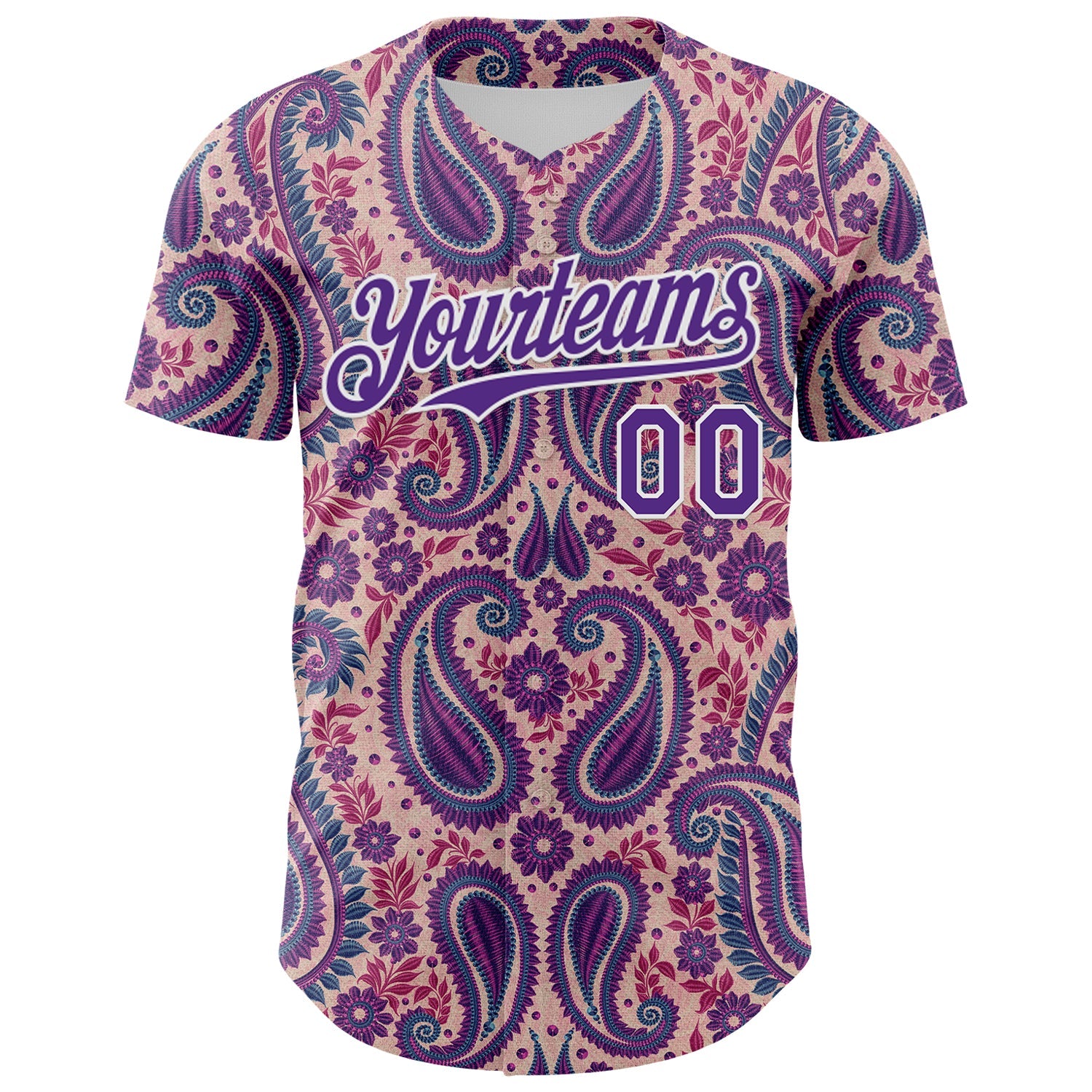 Custom Light Pink Purple-White Rave Party Ethnic Paisley Bandana Authentic Baseball Jersey view 2