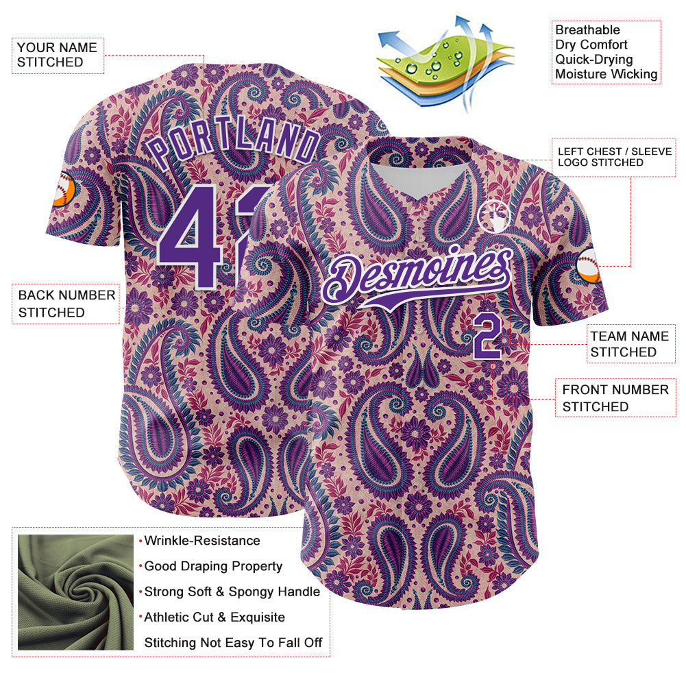 Custom Light Pink Purple-White Rave Party Ethnic Paisley Bandana Authentic Baseball Jersey view 3