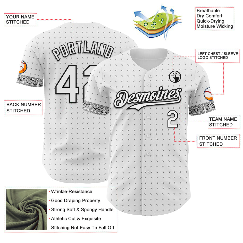 Custom White Gray-Black Rave Party Ethnic Paisley Bandana Authentic Baseball Jersey view 3