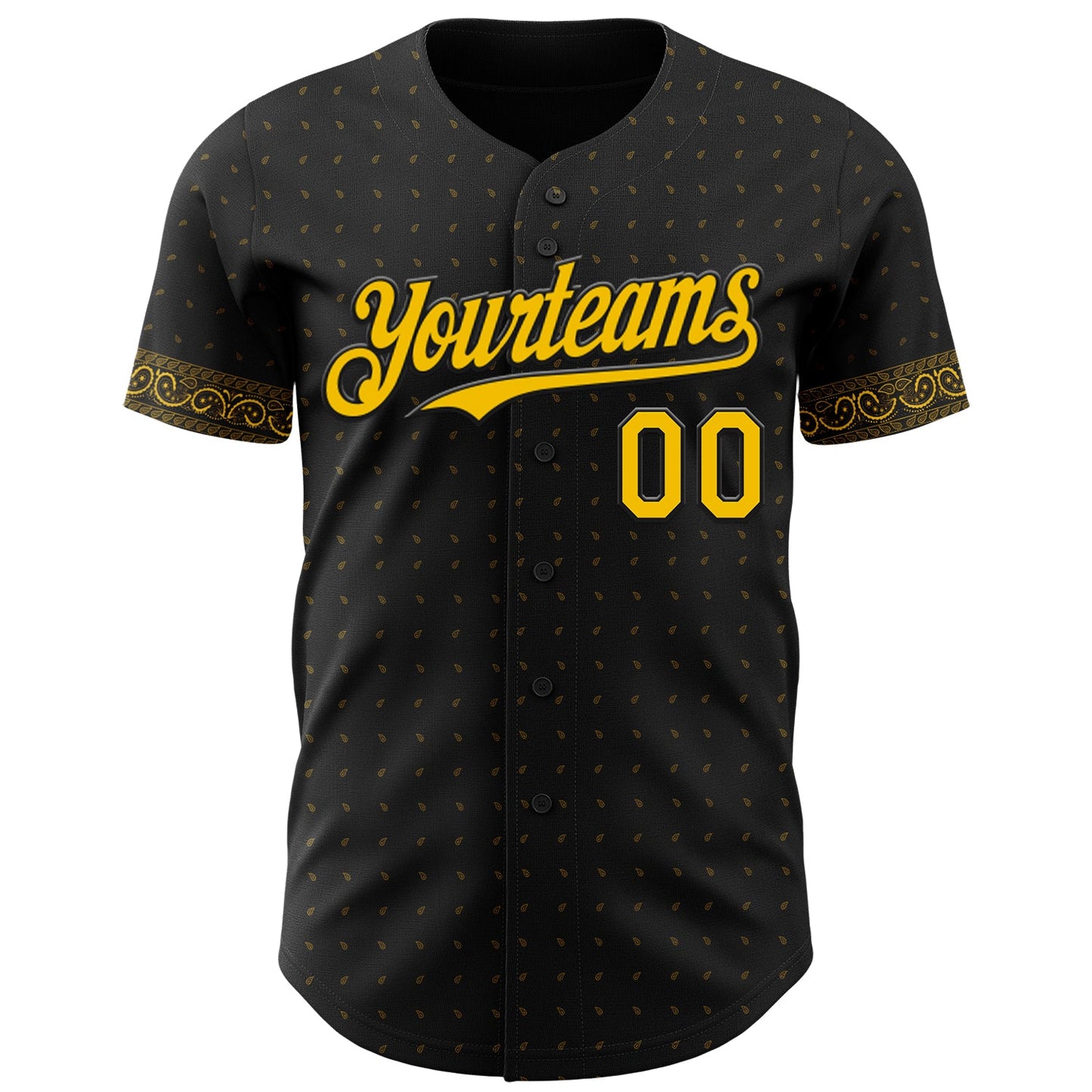 Custom Black Yellow Rave Party Ethnic Paisley Bandana Authentic Baseball Jersey view 2