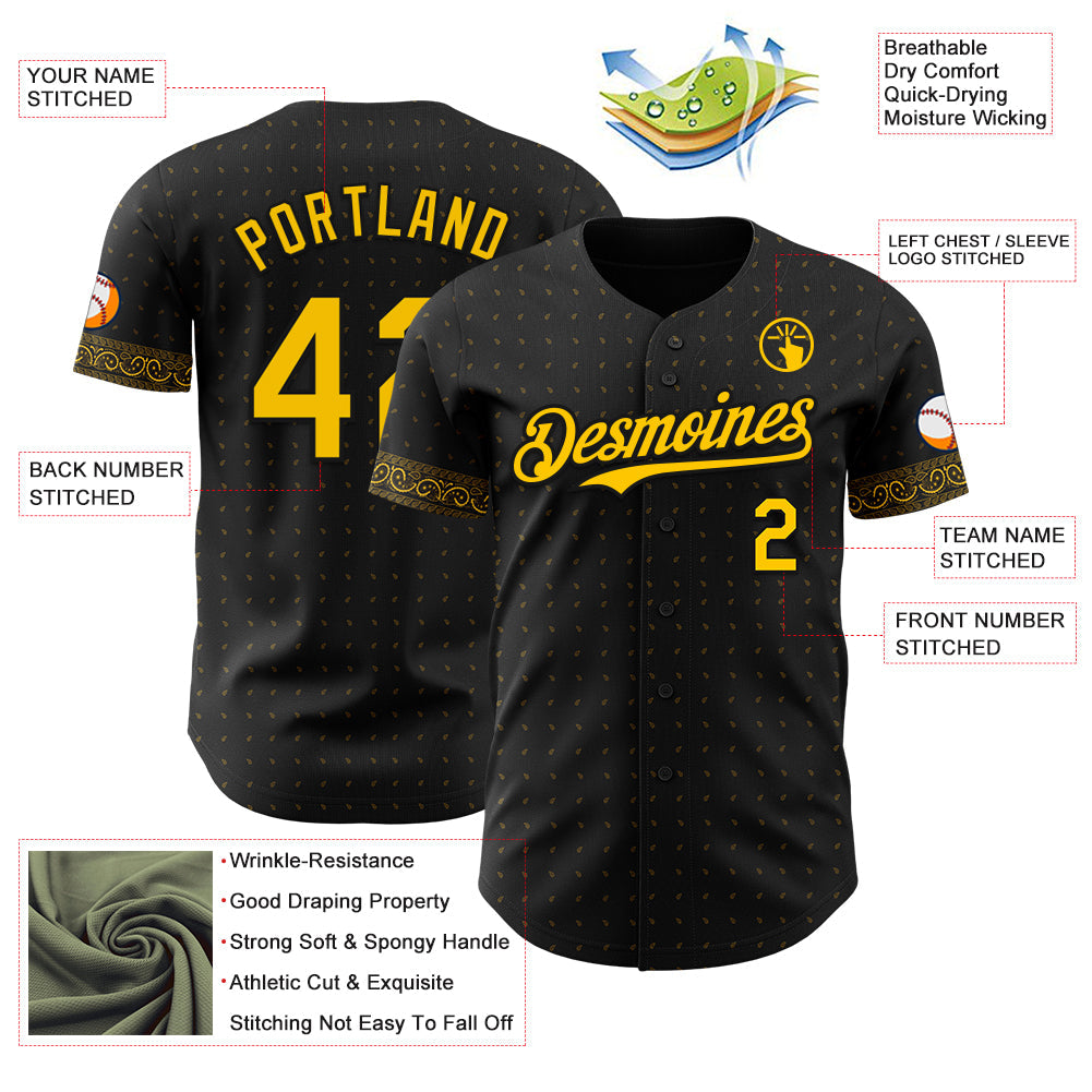 Custom Black Yellow Rave Party Ethnic Paisley Bandana Authentic Baseball Jersey view 3