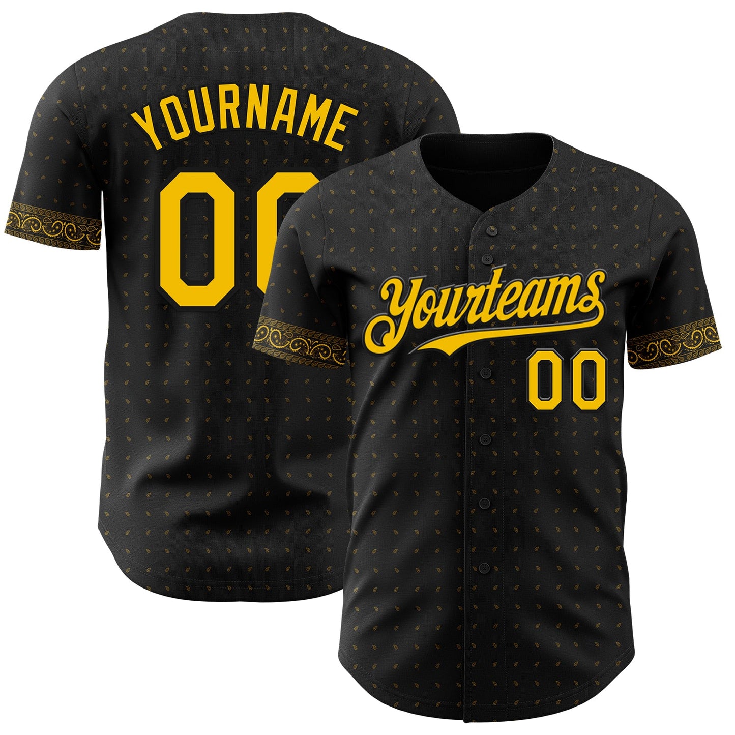 Custom Black Yellow Rave Party Ethnic Paisley Bandana Authentic Baseball Jersey - Main View