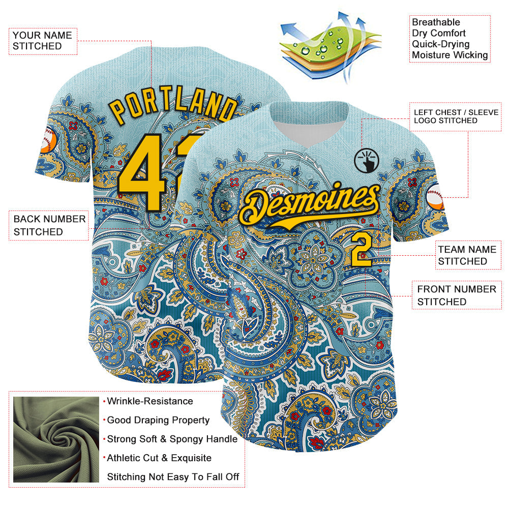 Custom Blue Yellow-Black Rave Party Ethnic Paisley Bandana Authentic Baseball Jersey view 3