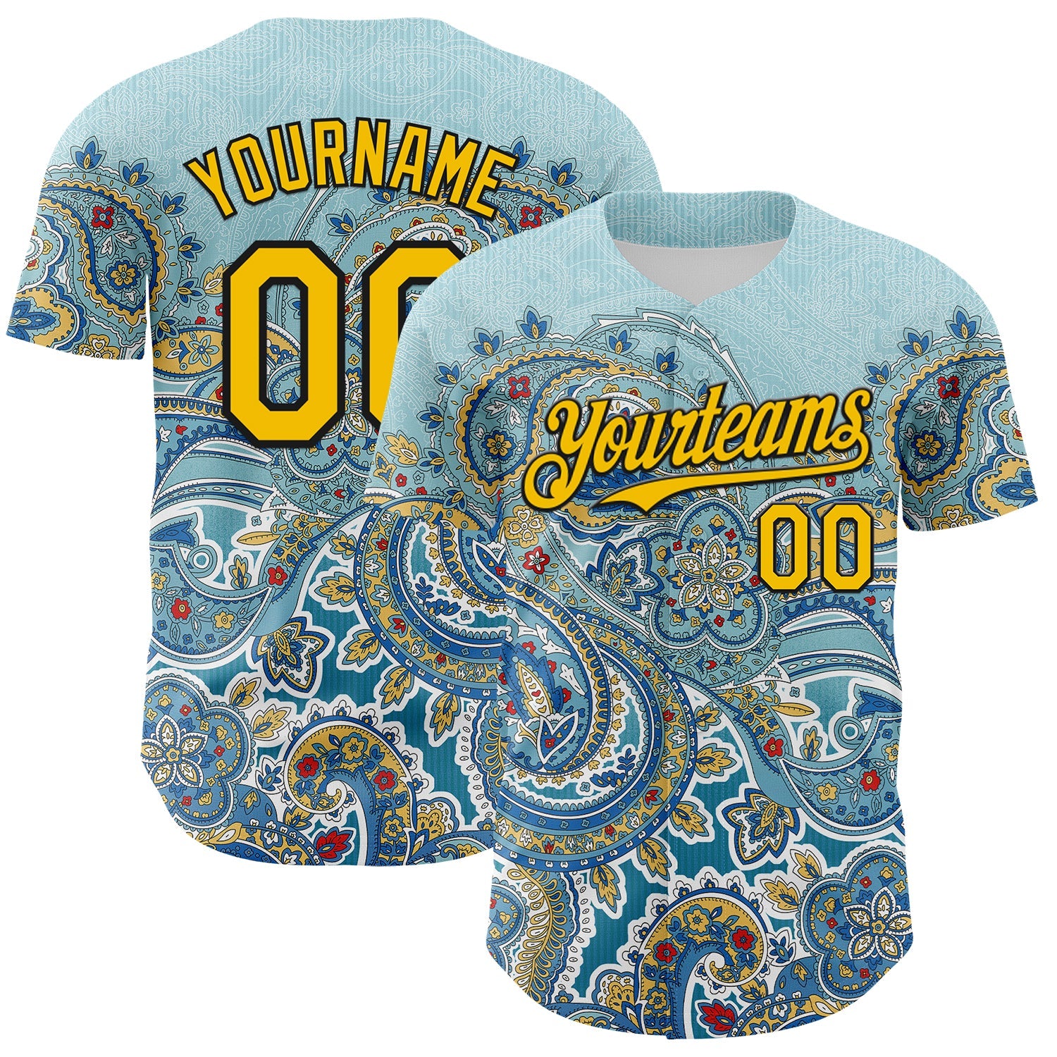 Custom Blue Yellow-Black Rave Party Ethnic Paisley Bandana Authentic Baseball Jersey - Main View