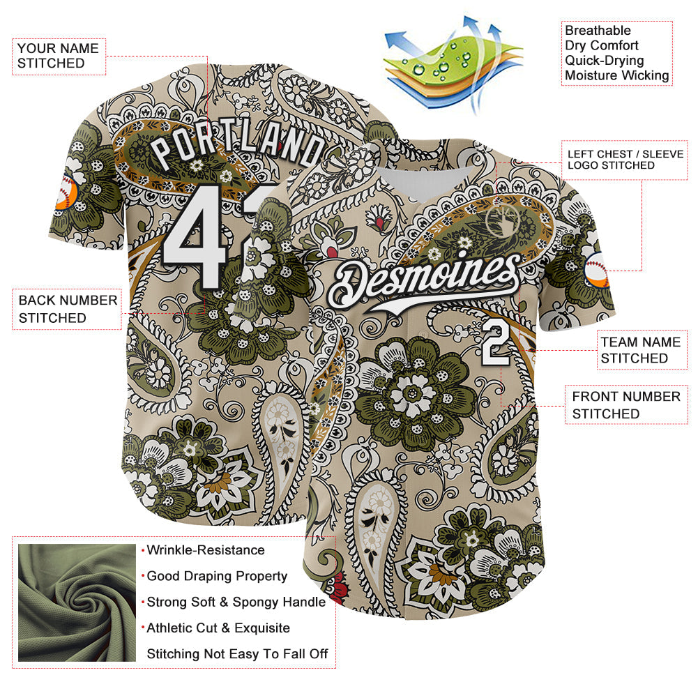 Custom City Cream White-Black Rave Party Ethnic Paisley Bandana Authentic Baseball Jersey view 3