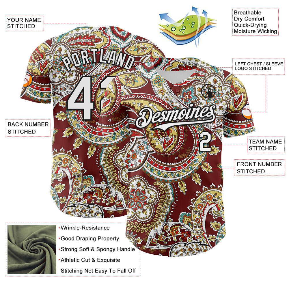 Custom Brown White-Black Rave Party Ethnic Paisley Bandana Authentic Baseball Jersey view 3