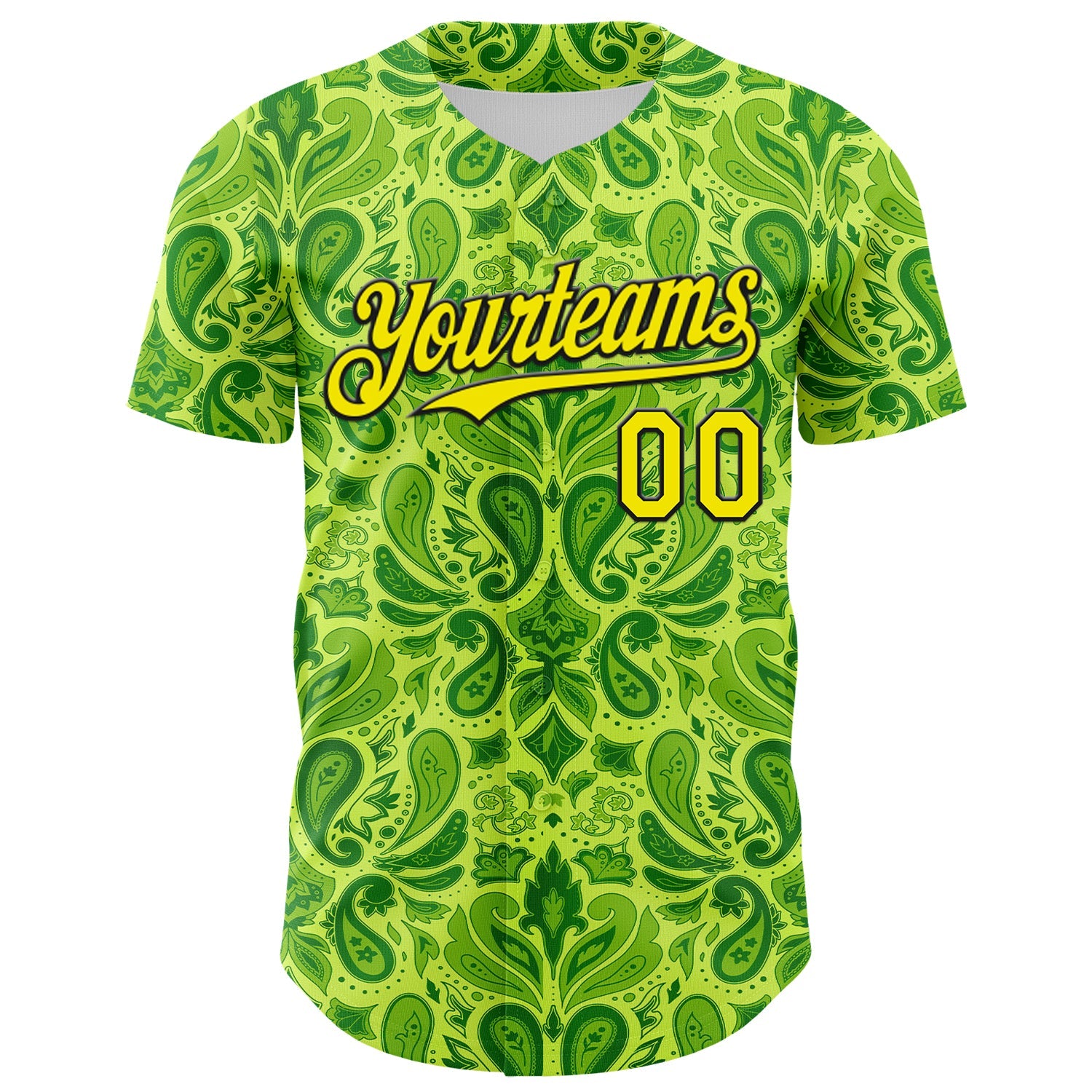 Custom Neon Green Black Rave Party Ethnic Paisley Bandana Authentic Baseball Jersey view 2
