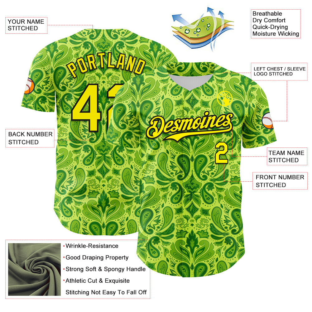 Custom Neon Green Black Rave Party Ethnic Paisley Bandana Authentic Baseball Jersey view 3