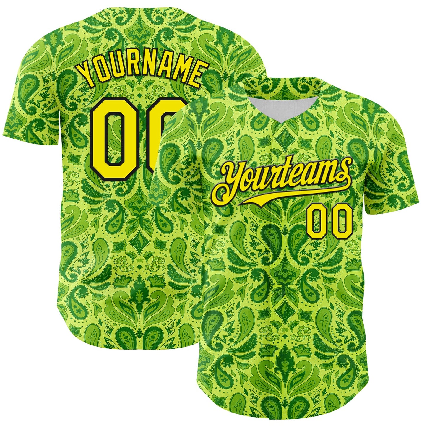 Custom Neon Green Black Rave Party Ethnic Paisley Bandana Authentic Baseball Jersey - Main View