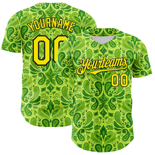 Custom Neon Green Black Rave Party Ethnic Paisley Bandana Authentic Baseball Jersey - Main View