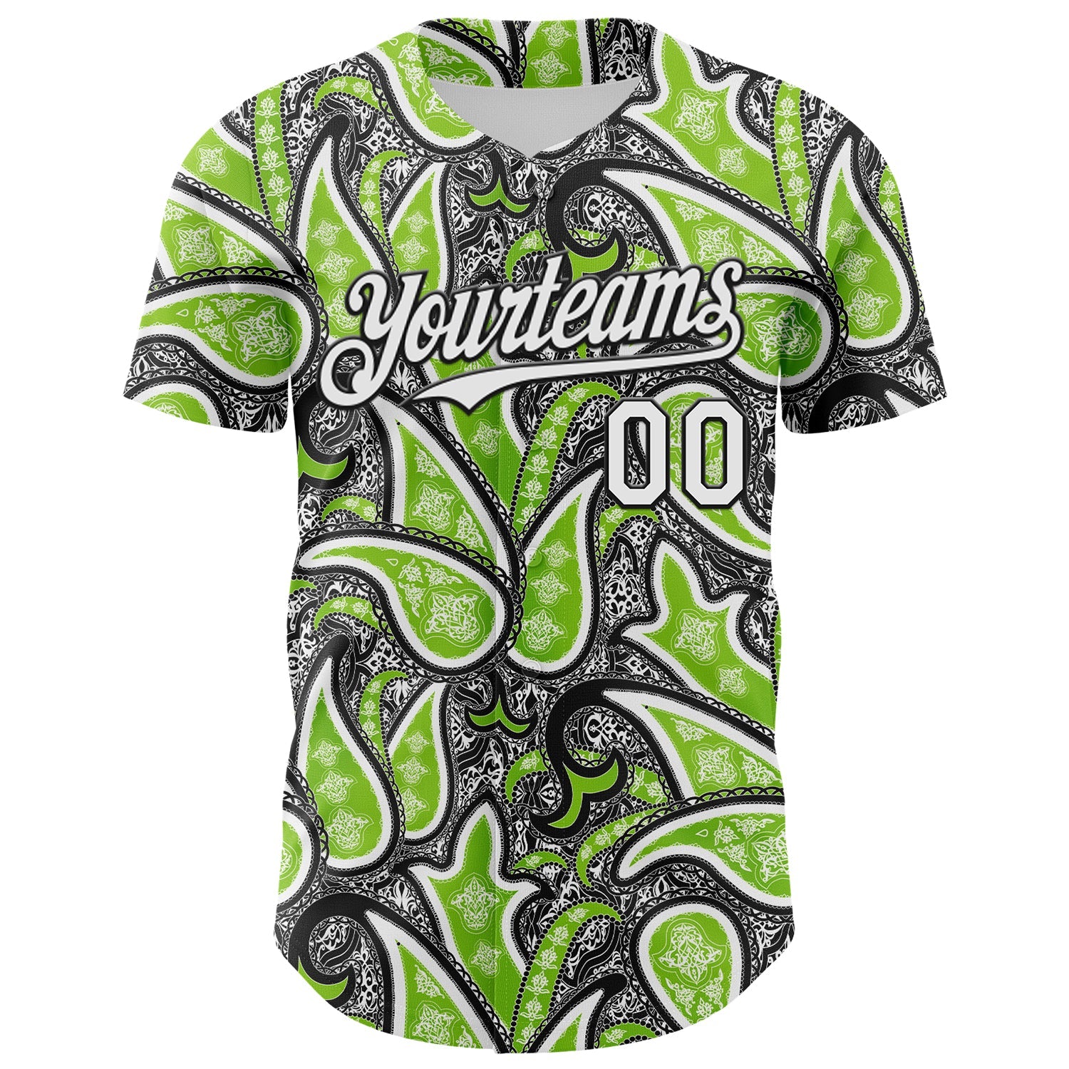 Custom Black White-Neon Green Rave Party Ethnic Paisley Bandana Authentic Baseball Jersey view 2