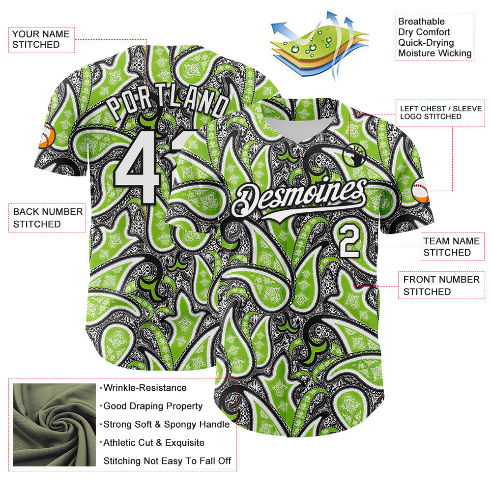 Custom Black White-Neon Green Rave Party Ethnic Paisley Bandana Authentic Baseball Jersey view 3