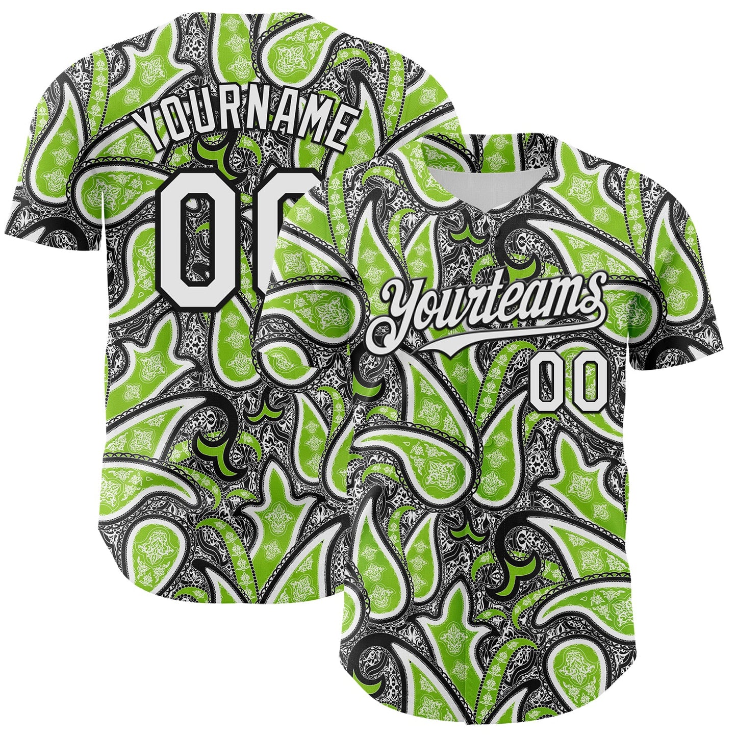 Custom Black White-Neon Green Rave Party Ethnic Paisley Bandana Authentic Baseball Jersey - Main View