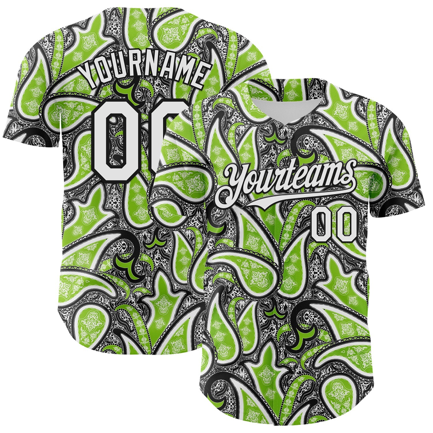 Custom Black White-Neon Green Rave Party Ethnic Paisley Bandana Authentic Baseball Jersey - Main View