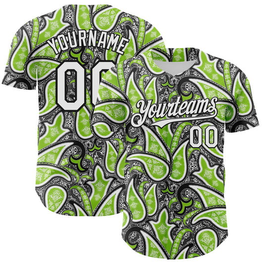 Custom Black White-Neon Green Rave Party Ethnic Paisley Bandana Authentic Baseball Jersey - Main View