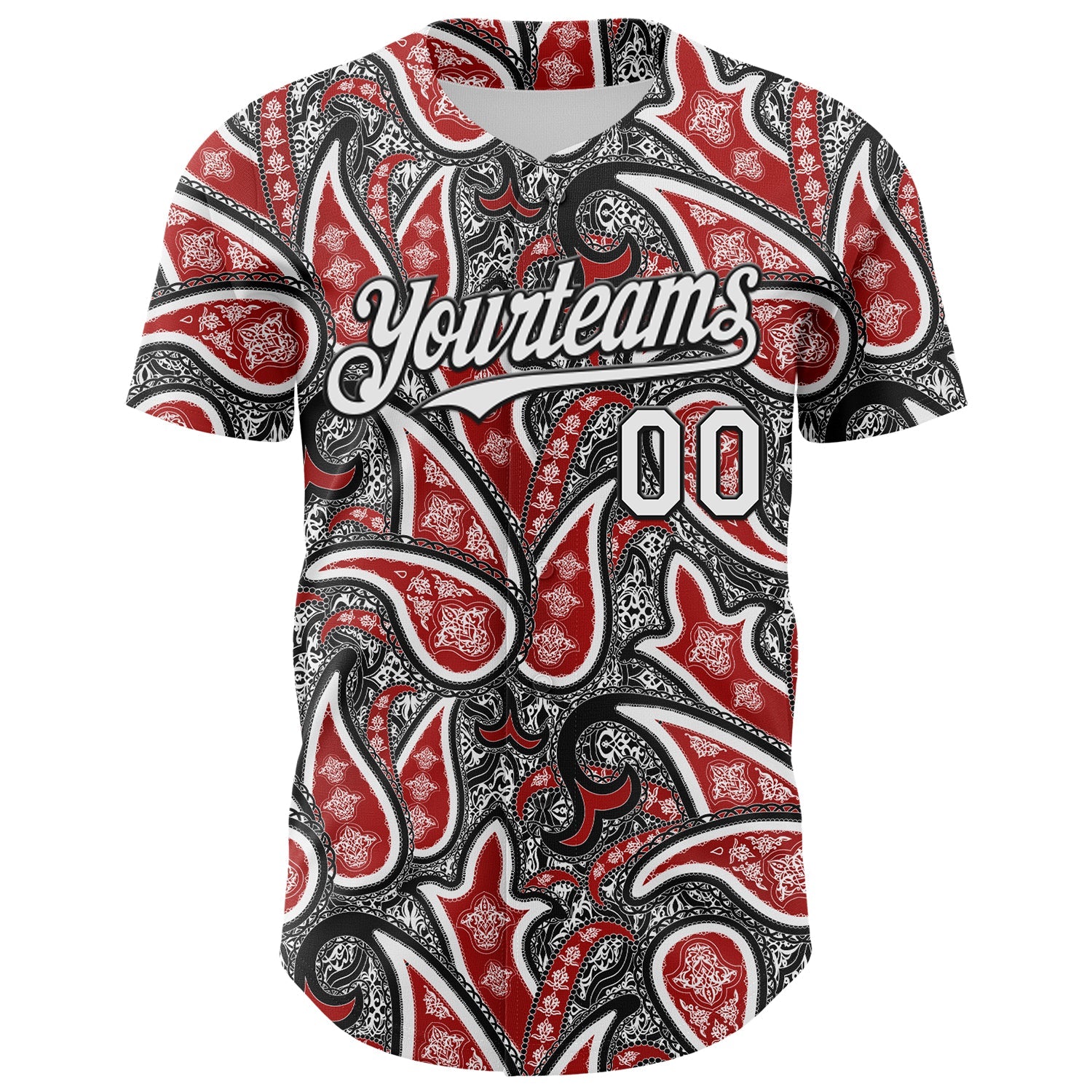 Custom Black White-Red Rave Party Ethnic Paisley Bandana Authentic Baseball Jersey view 2