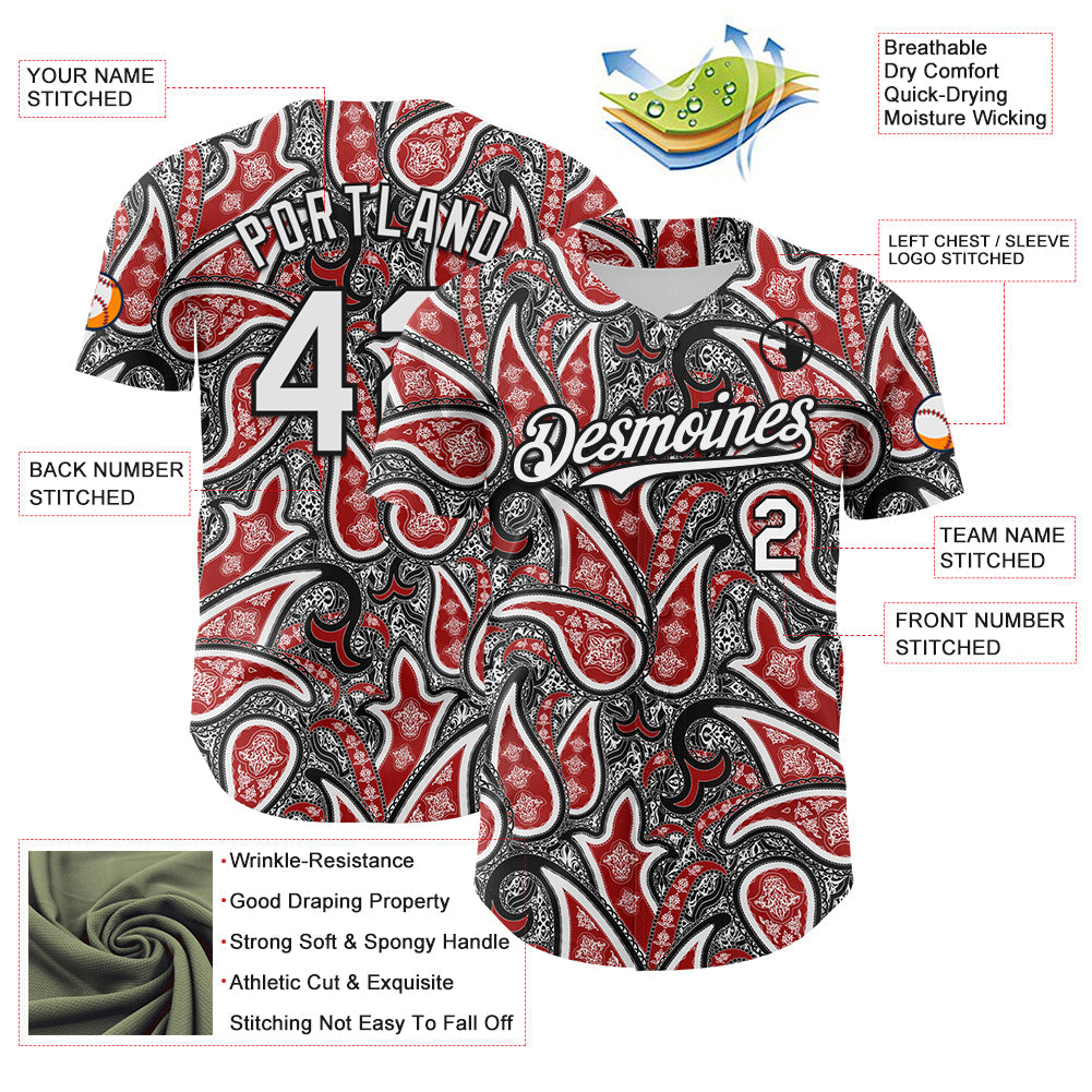 Custom Black White-Red Rave Party Ethnic Paisley Bandana Authentic Baseball Jersey view 3