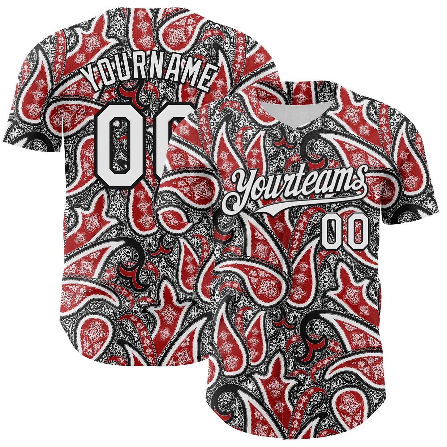 Custom Black White-Red Rave Party Ethnic Paisley Bandana Authentic Baseball Jersey - Main View