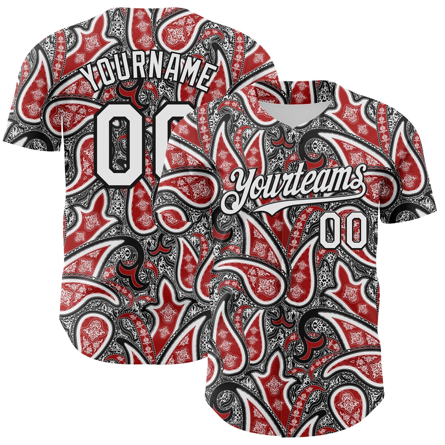 Custom Black White-Red Rave Party Ethnic Paisley Bandana Authentic Baseball Jersey - Main View