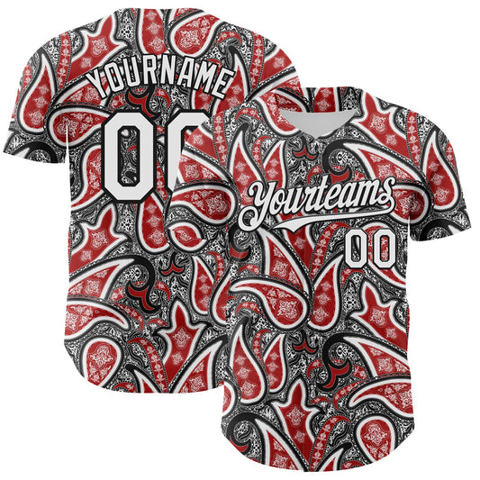 Custom Black White-Red Rave Party Ethnic Paisley Bandana Authentic Baseball Jersey - Main View