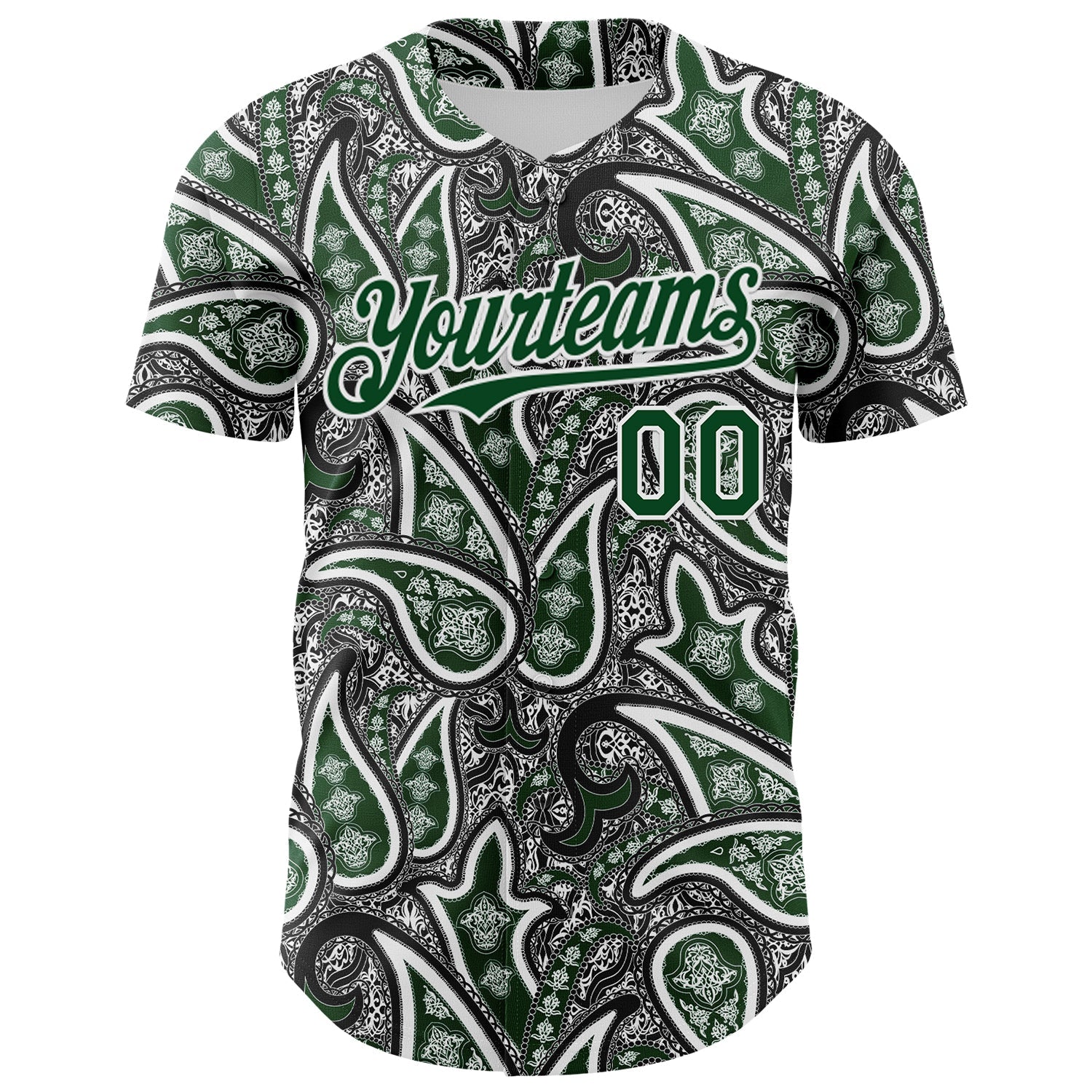 Custom Black Green-White Rave Party Ethnic Paisley Bandana Authentic Baseball Jersey view 2