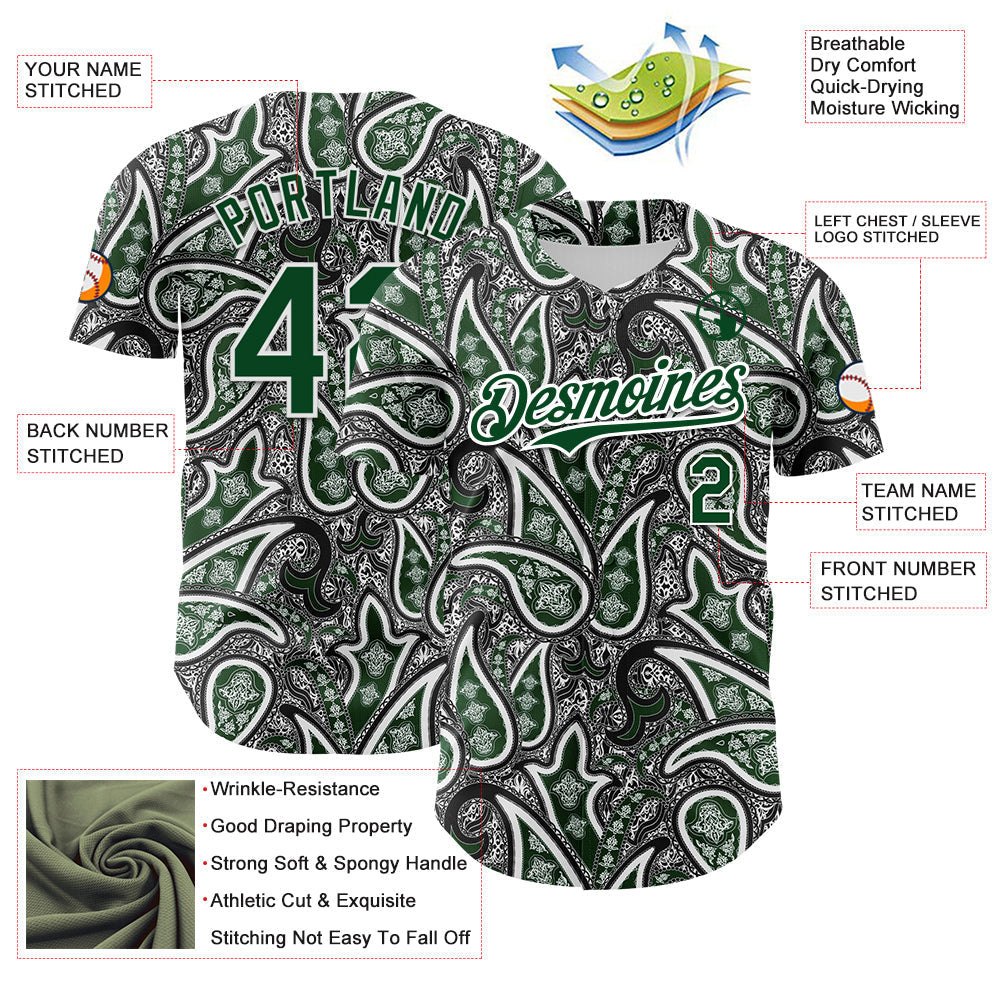 Custom Black Green-White Rave Party Ethnic Paisley Bandana Authentic Baseball Jersey view 3