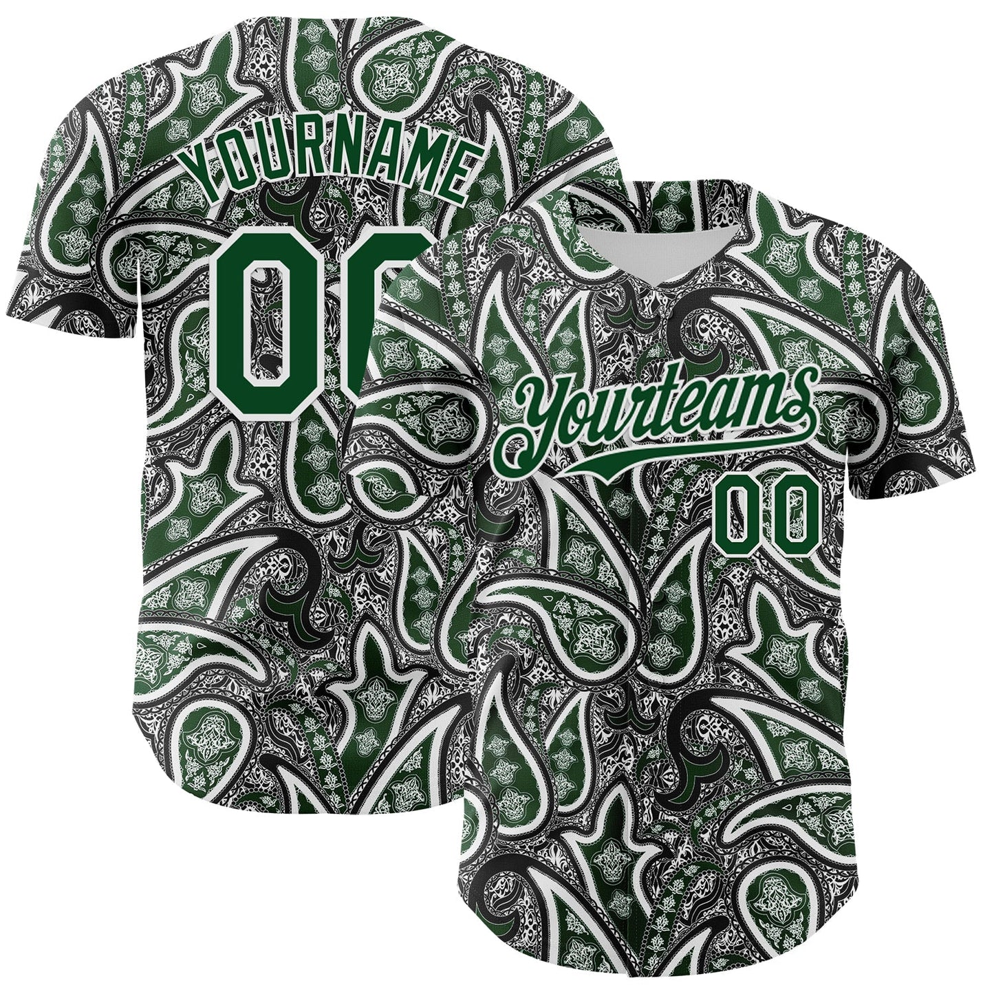 Custom Black Green-White Rave Party Ethnic Paisley Bandana Authentic Baseball Jersey - Main View